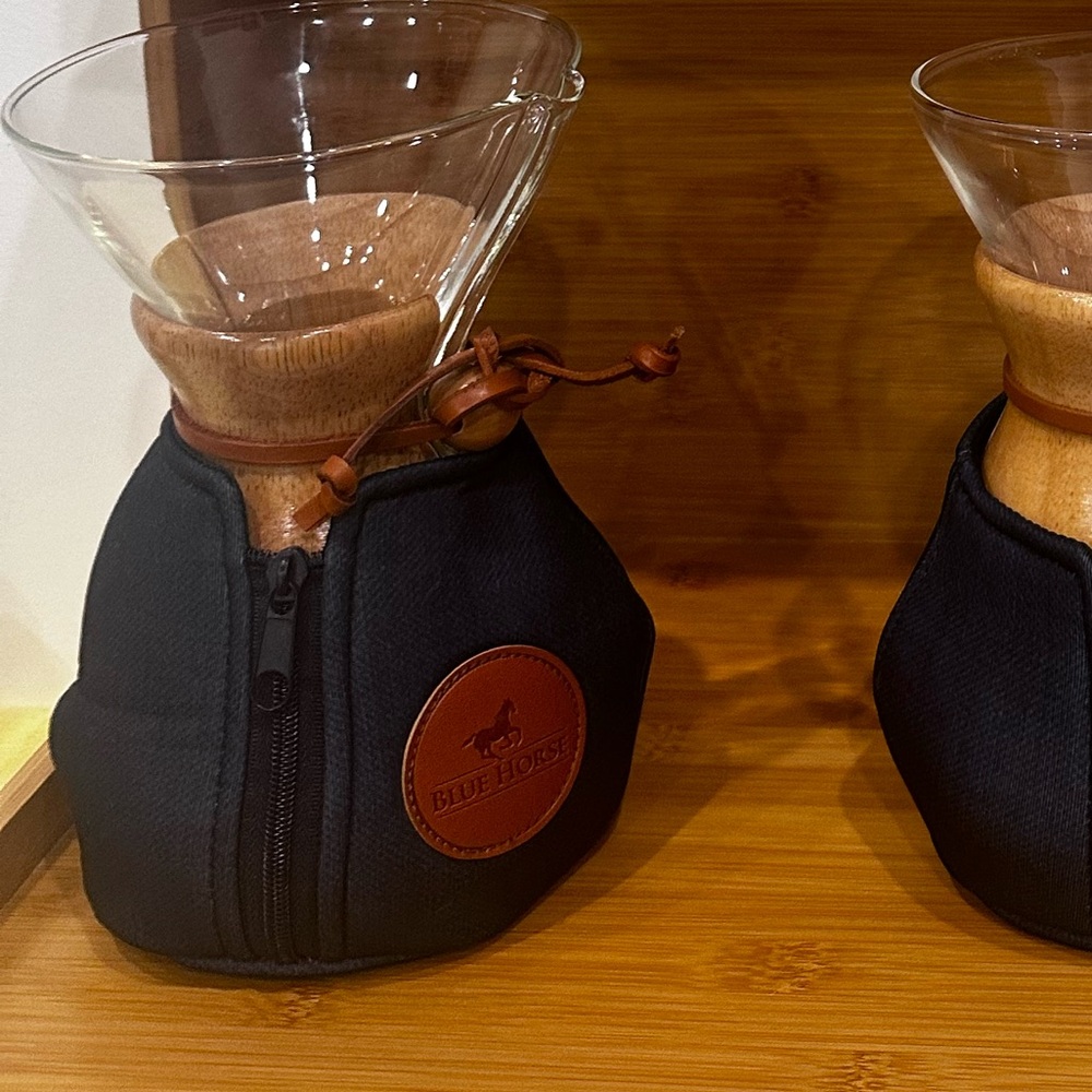 The Blue Horse glass pour over coffee maker comes with cozy!